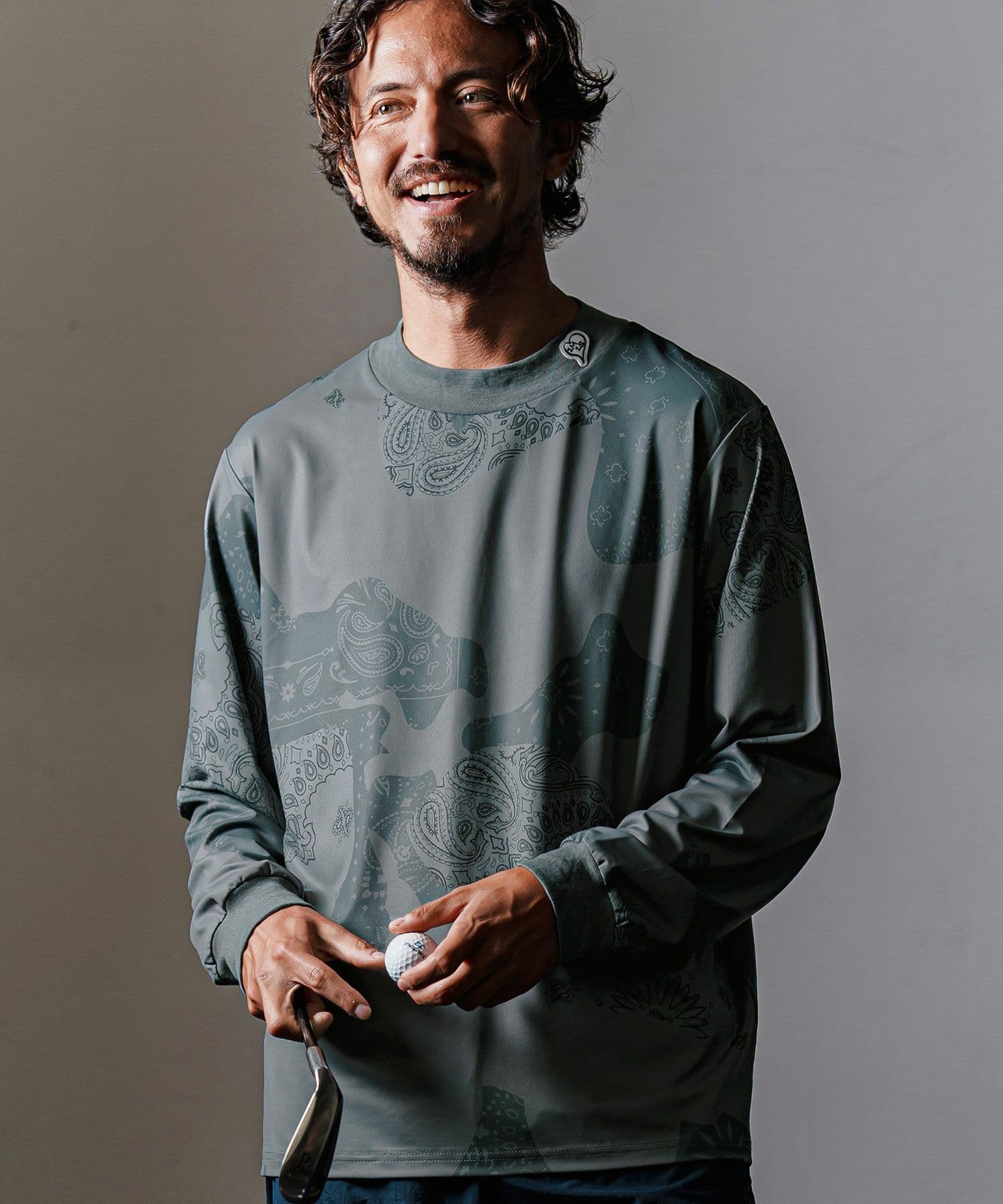 【Men's】カモフラージュペイズリー柄長袖モックネックカットソー