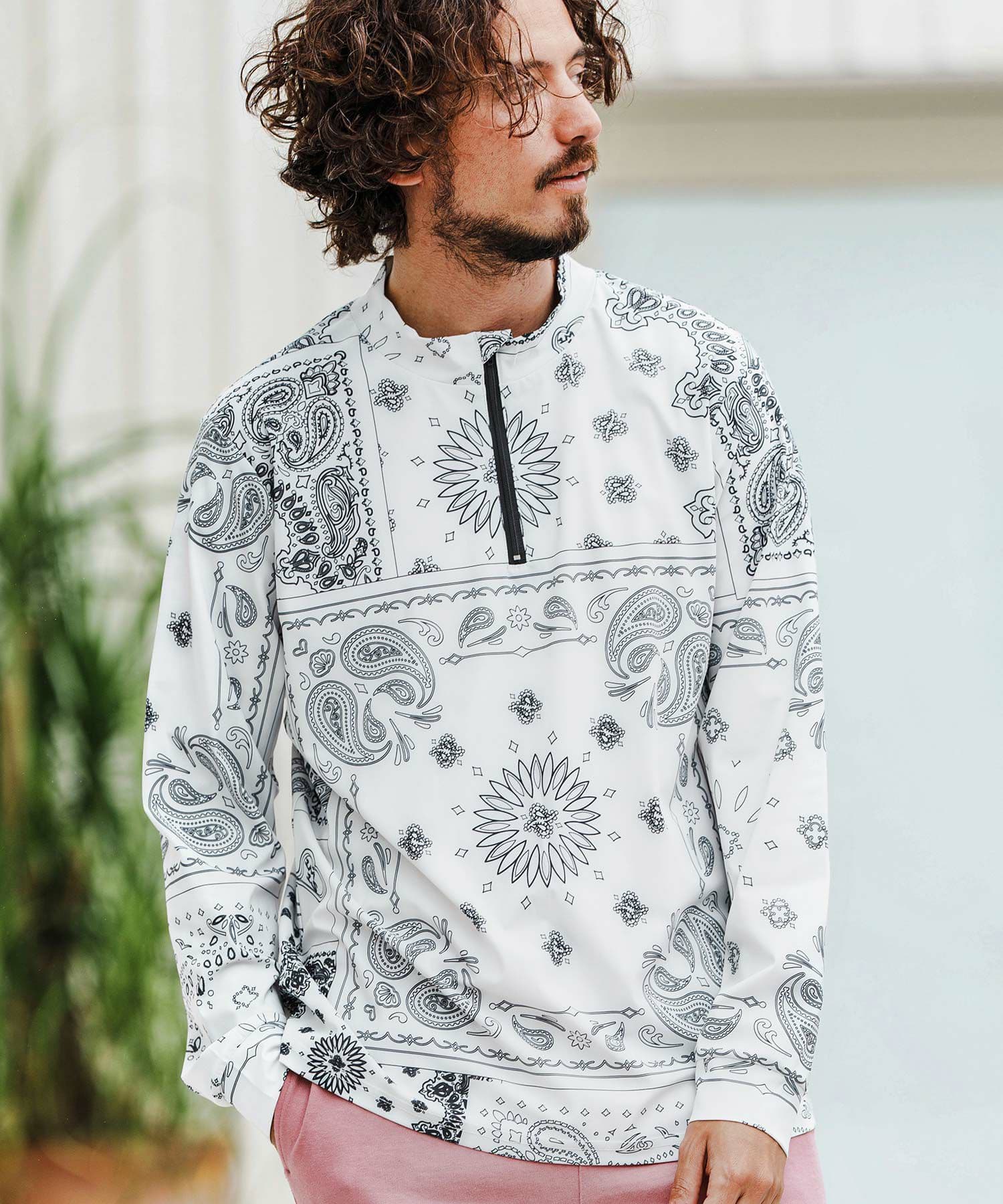 【Men's】ペイズリー柄ジップモックネックカットソー