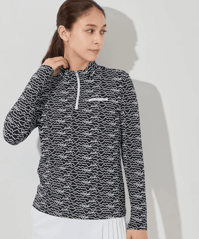 【Women's】ウェーブボーダー柄 UVハーフジップ長袖PO