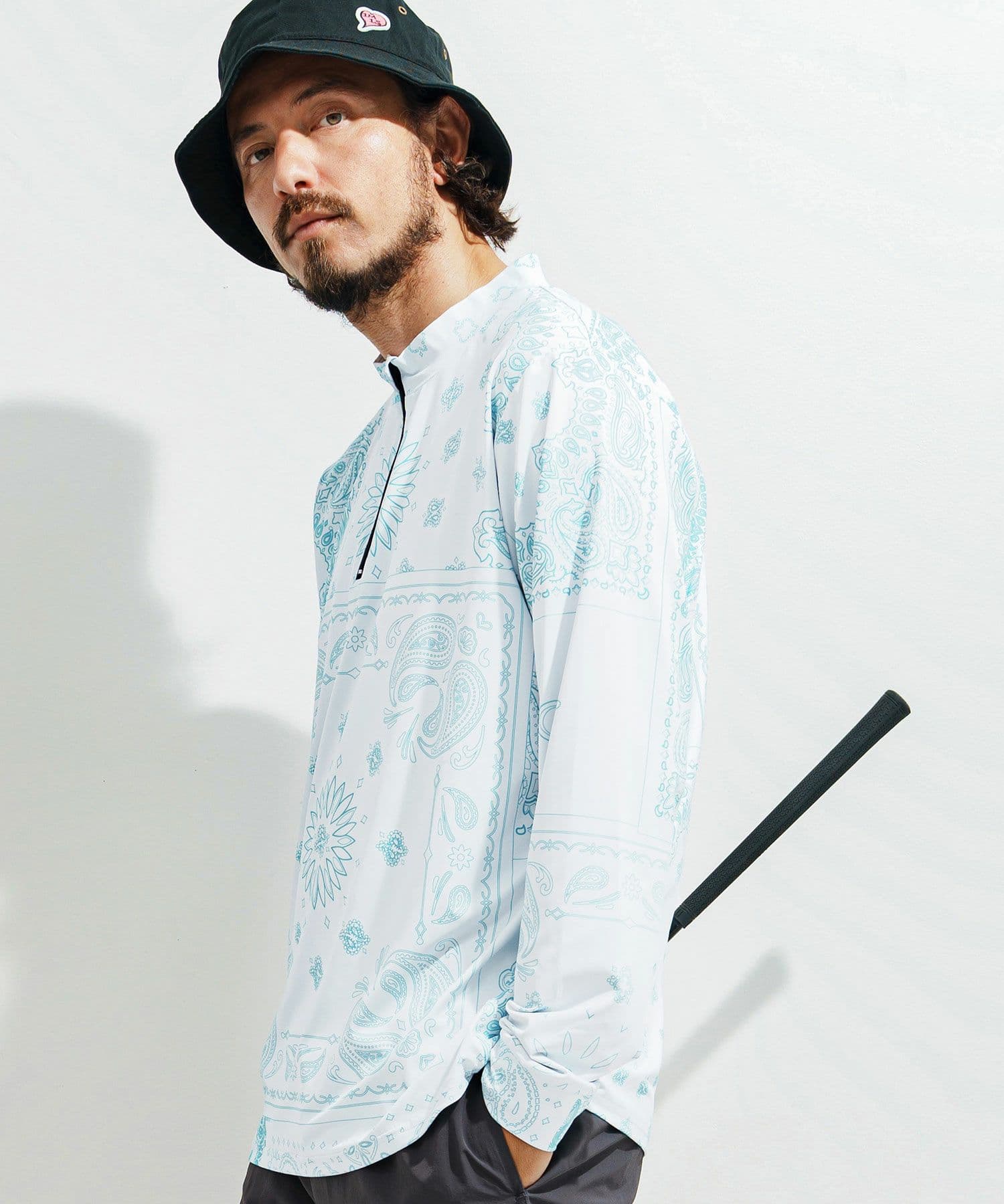 【Men's】ペイズリー柄ジップモックネックカットソー