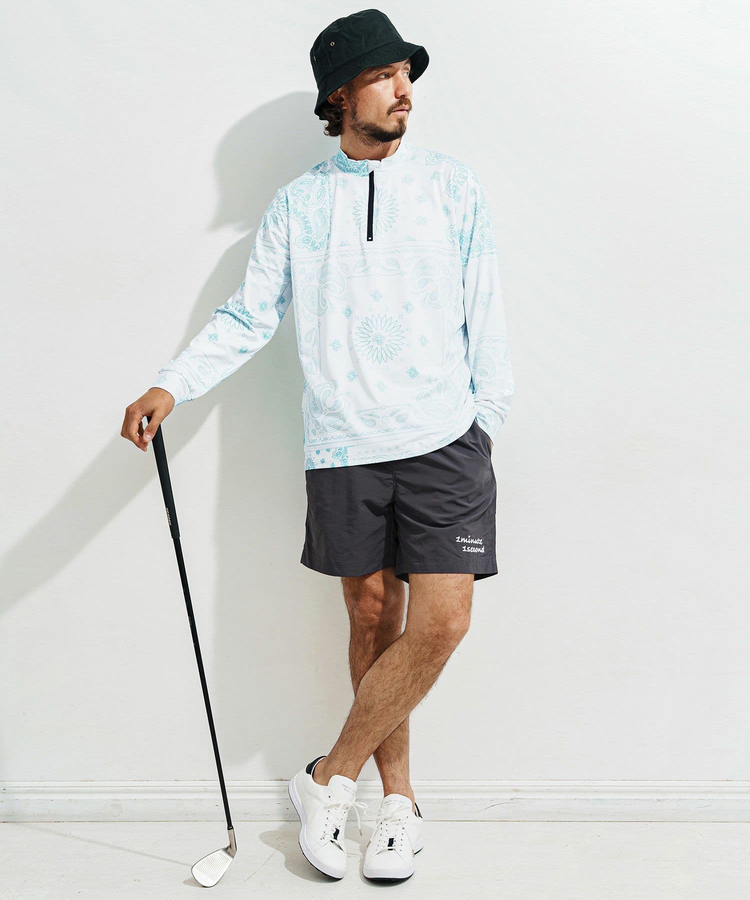 【Men's】ペイズリー柄ジップモックネックカットソー