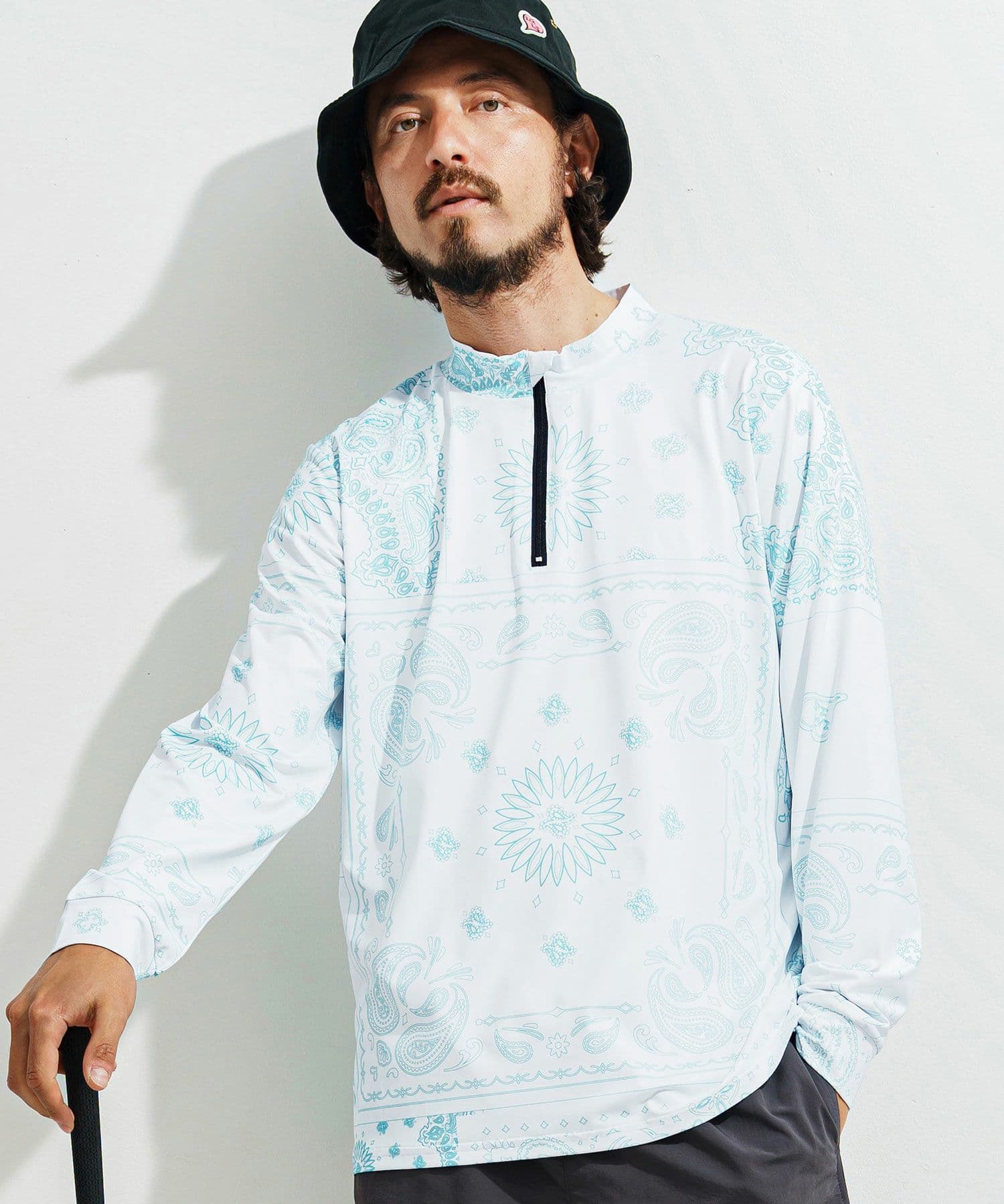 【Men's】ペイズリー柄ジップモックネックカットソー