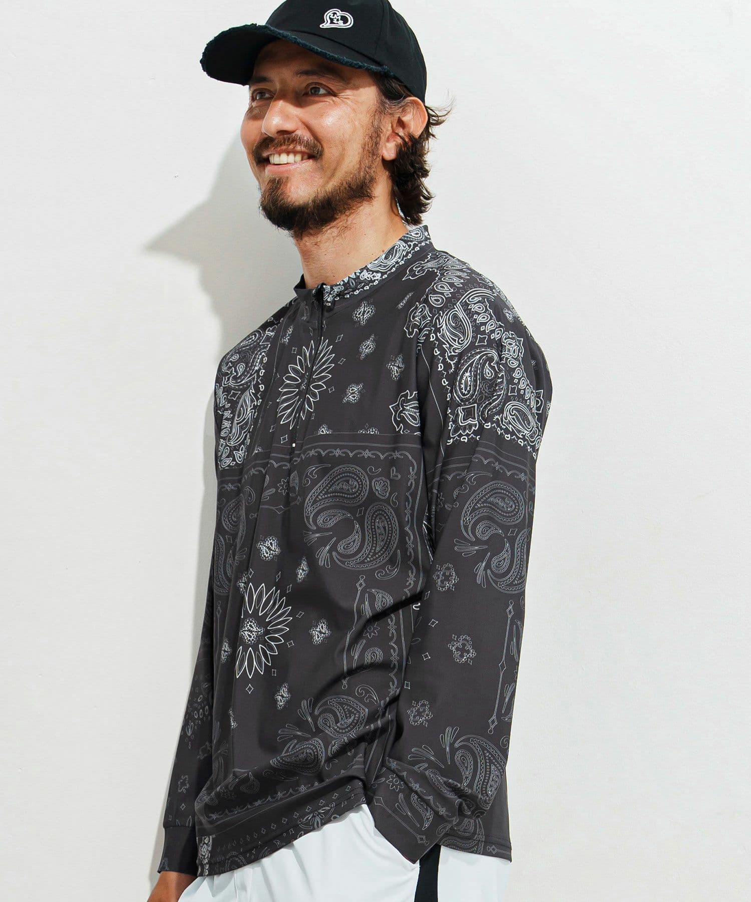 【Men's】ペイズリー柄ジップモックネックカットソー