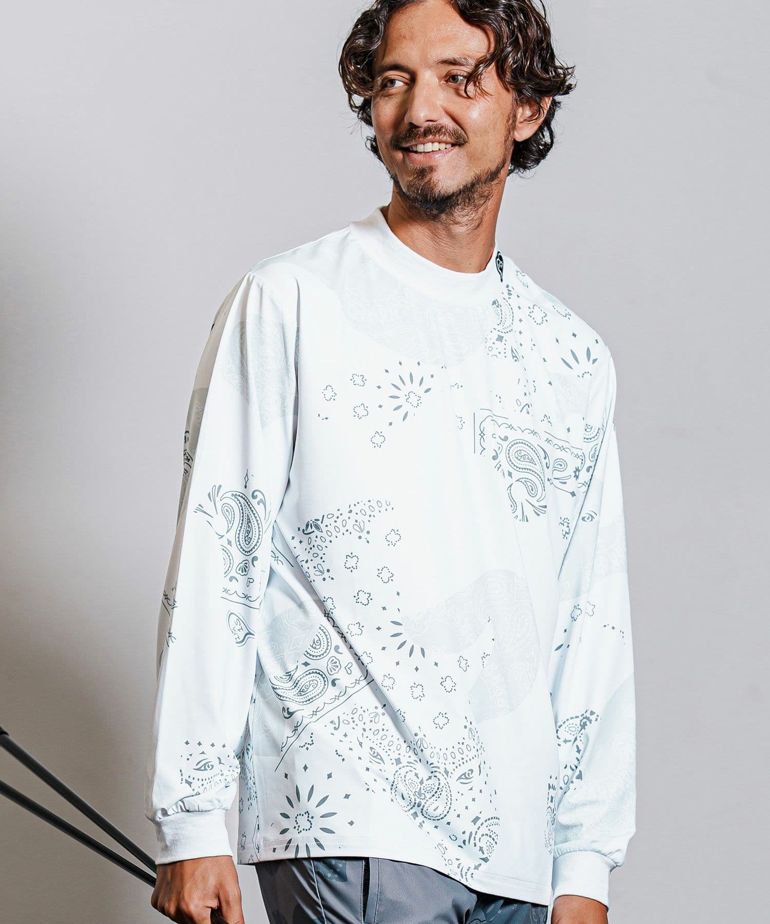 【Men's】カモフラージュペイズリー柄長袖モックネックカットソー