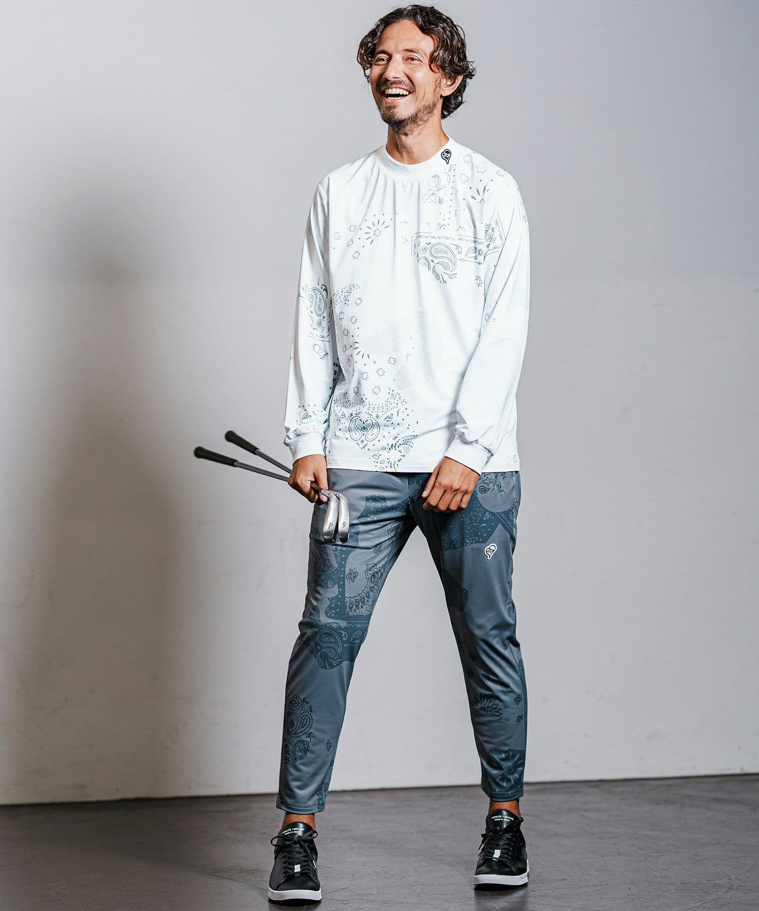 【Men's】カモフラージュペイズリー柄長袖モックネックカットソー