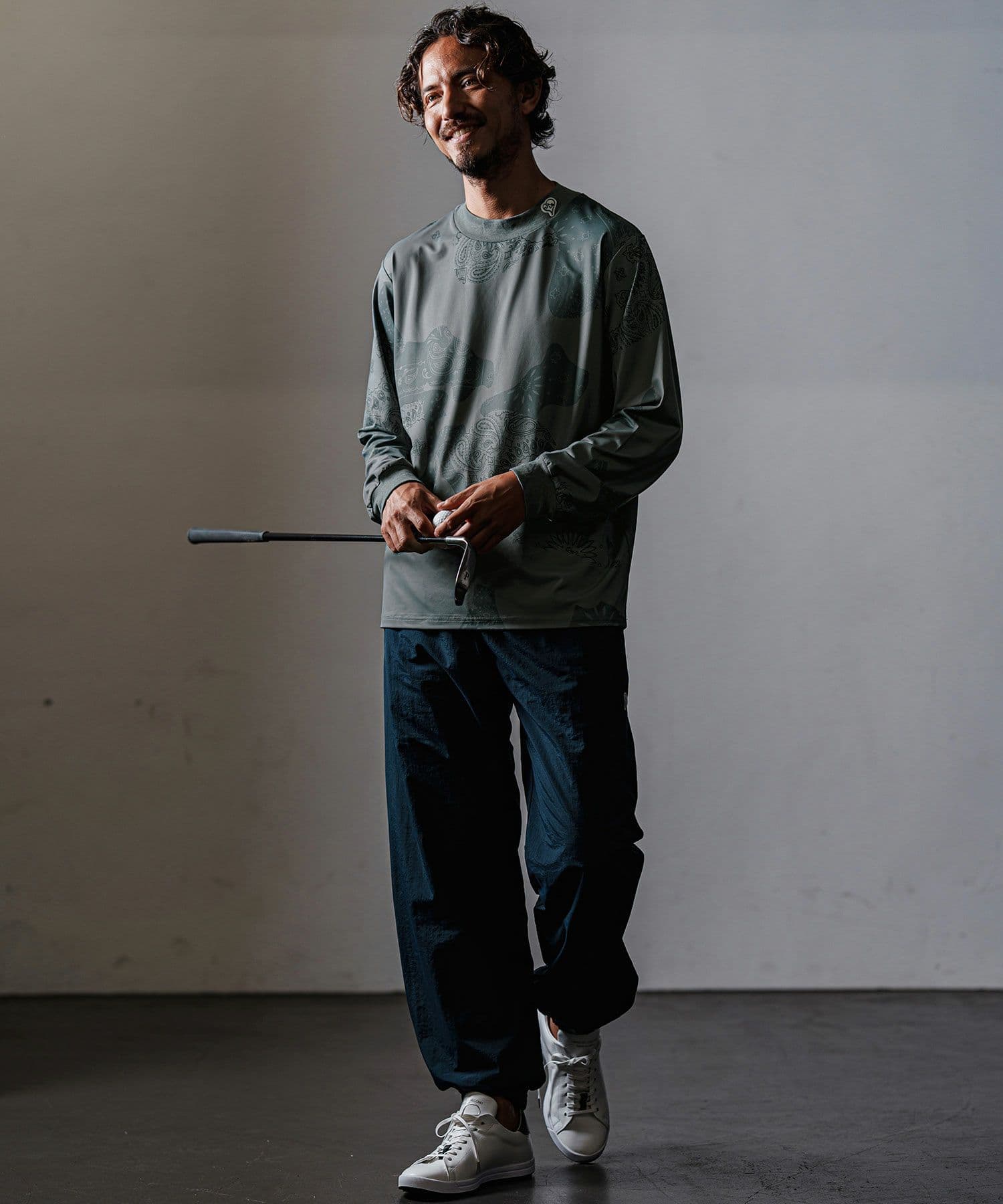 【Men's】カモフラージュペイズリー柄長袖モックネックカットソー