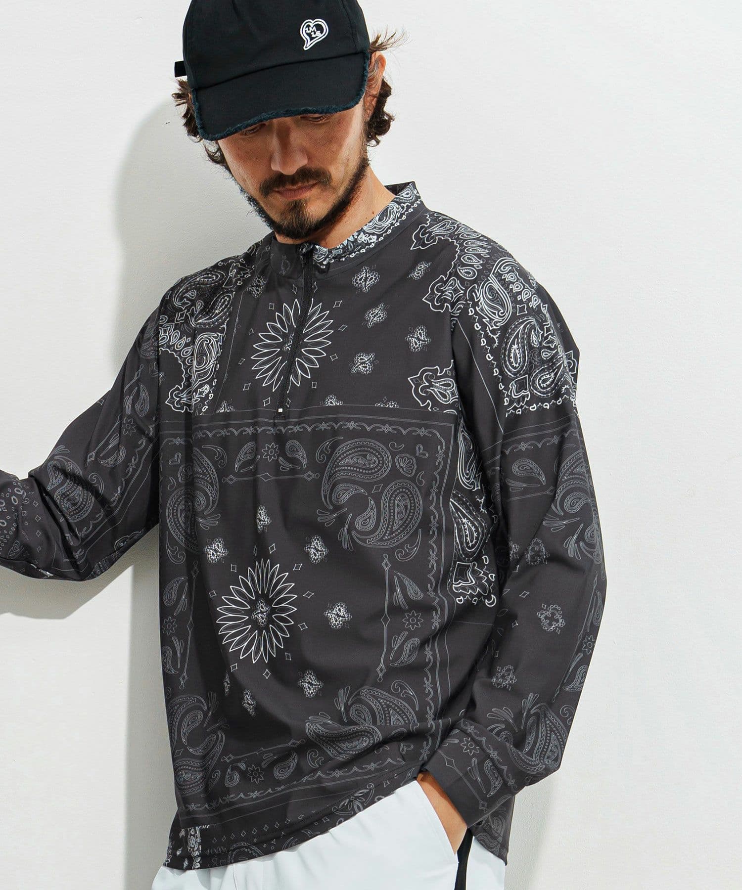 【Men's】ペイズリー柄ジップモックネックカットソー
