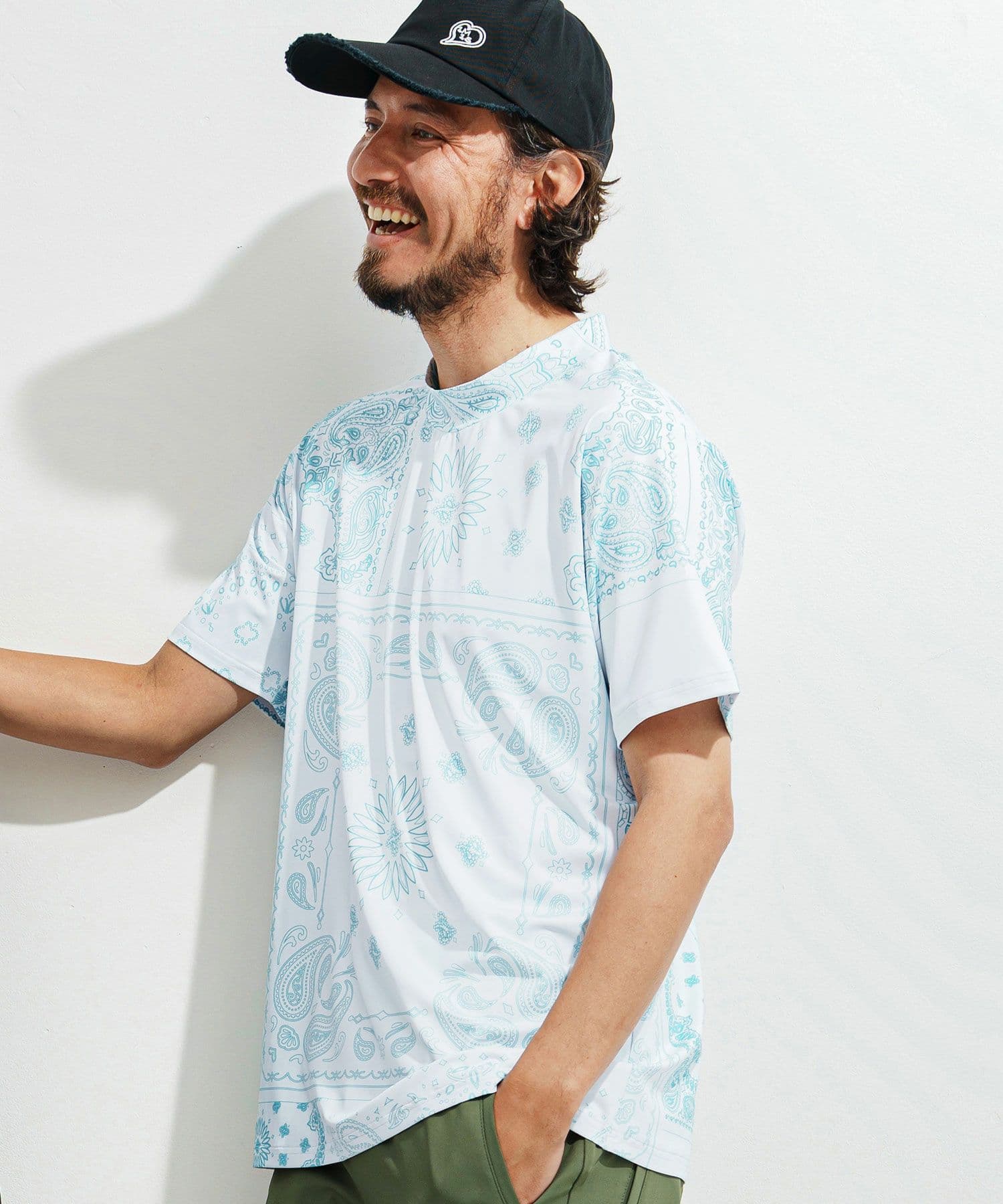 【Men's】ペイズリー柄半袖モックネック