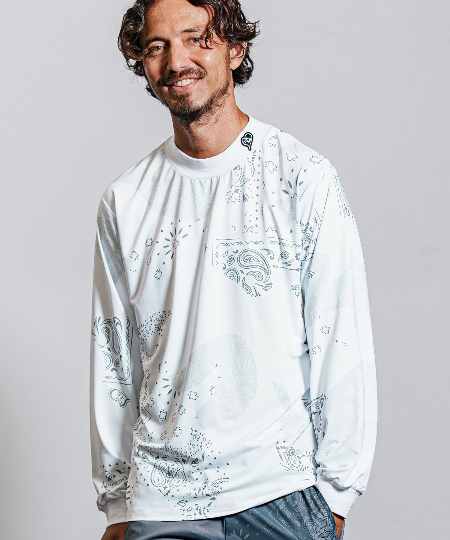 【Men's】カモフラージュペイズリー柄長袖モックネックカットソー