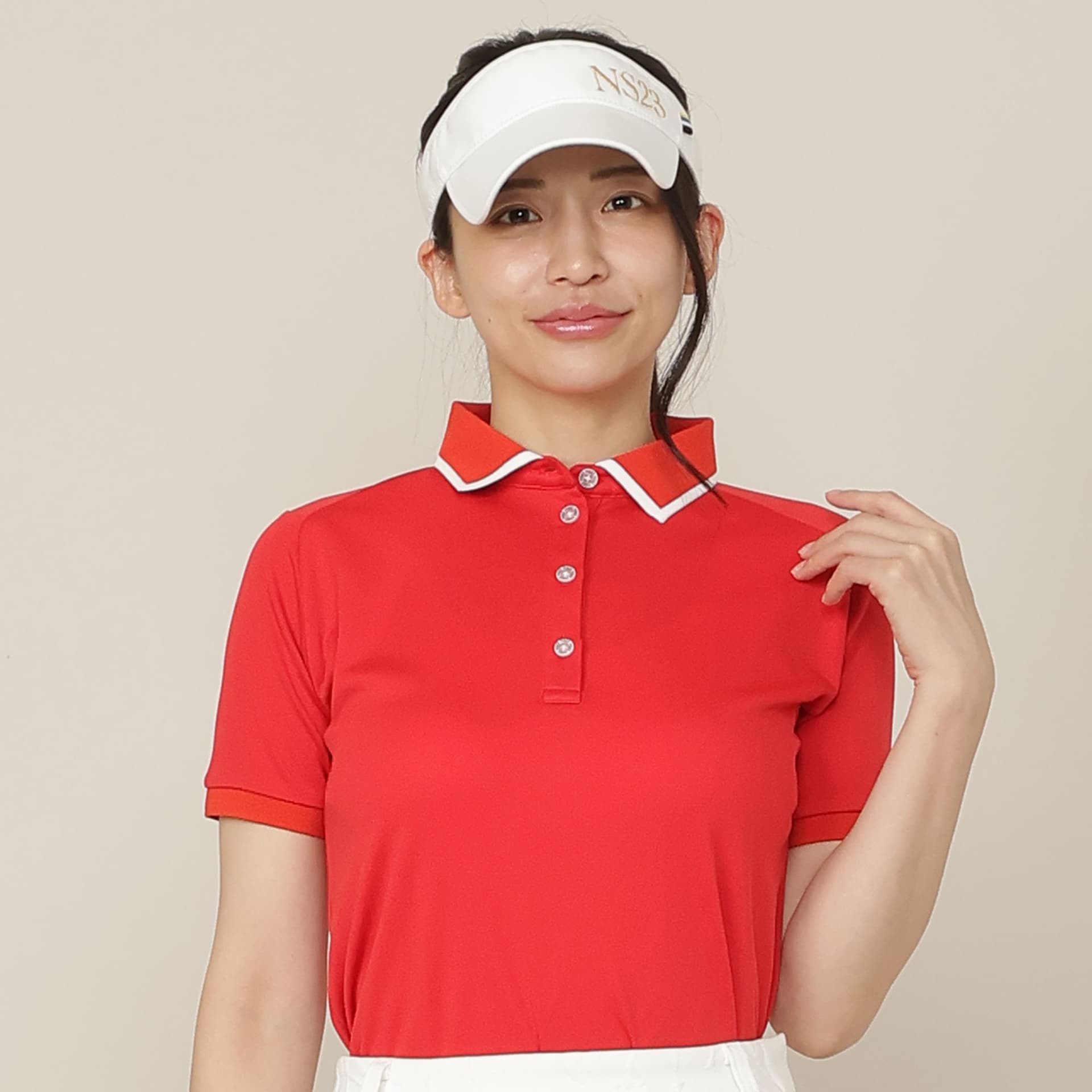【Women's】【吸水速乾/UVカット/接触冷感】ロゴ編み半袖ポロシャツ