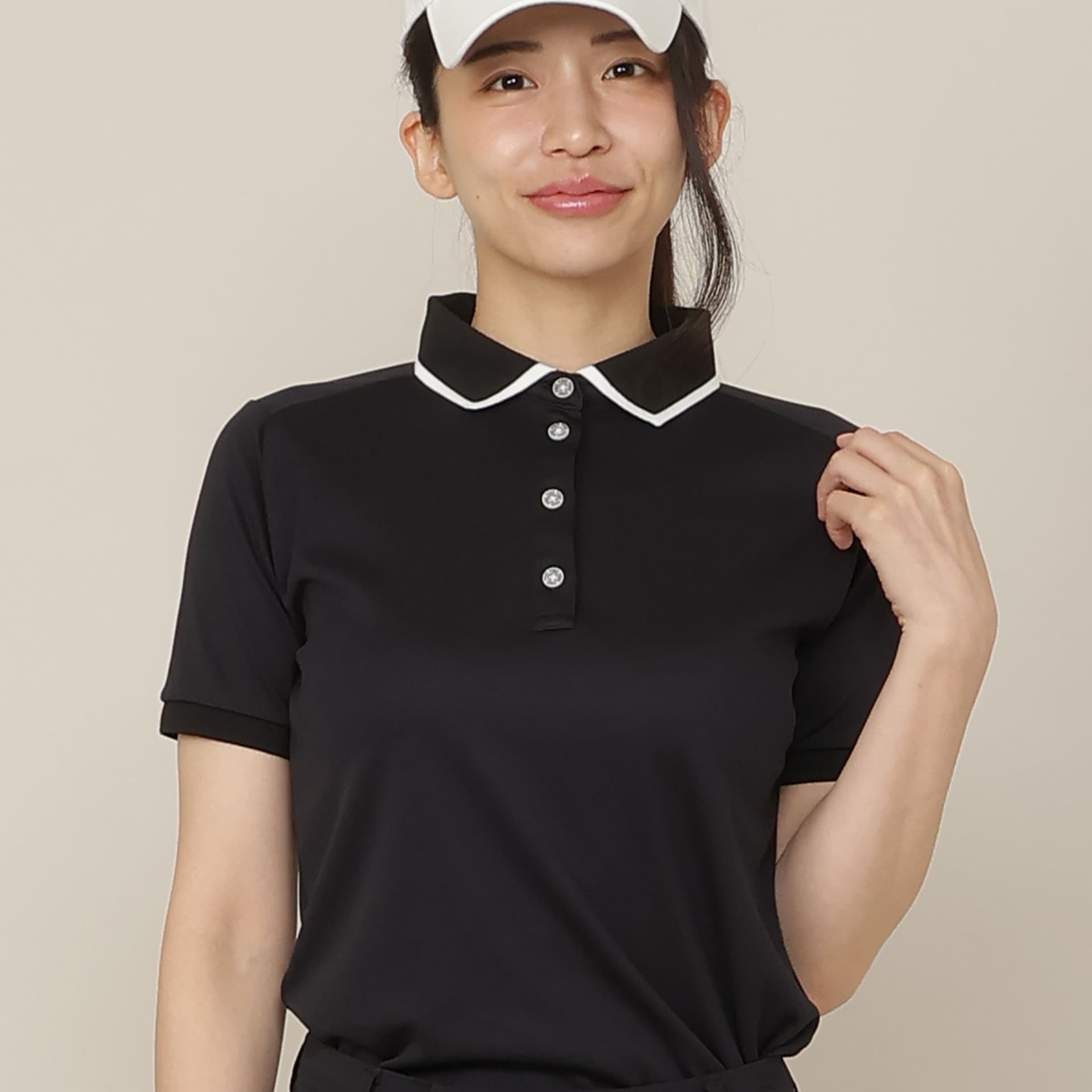 【Women's】【吸水速乾/UVカット/接触冷感】ロゴ編み半袖ポロシャツ