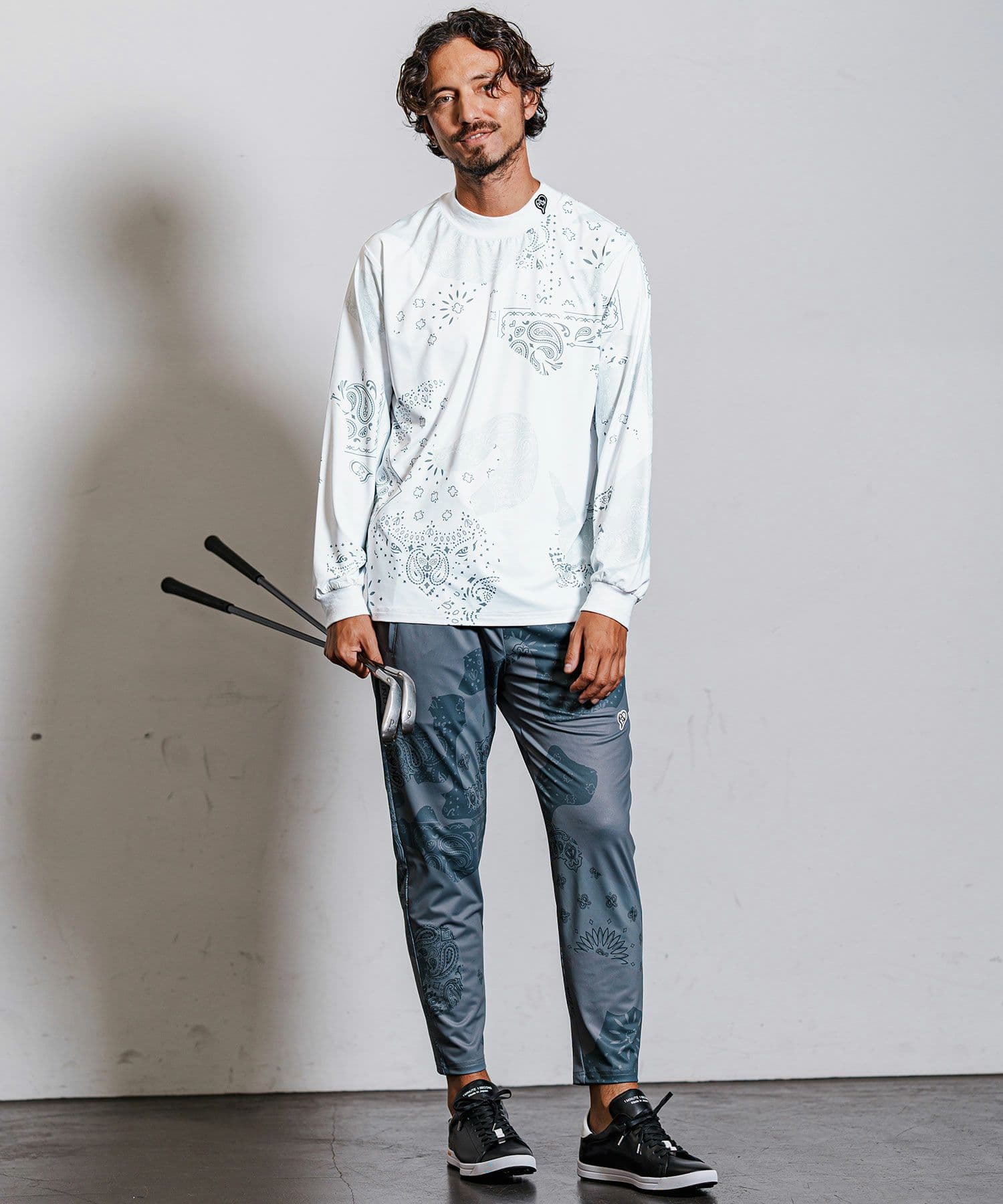 【Men's】カモフラージュペイズリー柄長袖モックネックカットソー