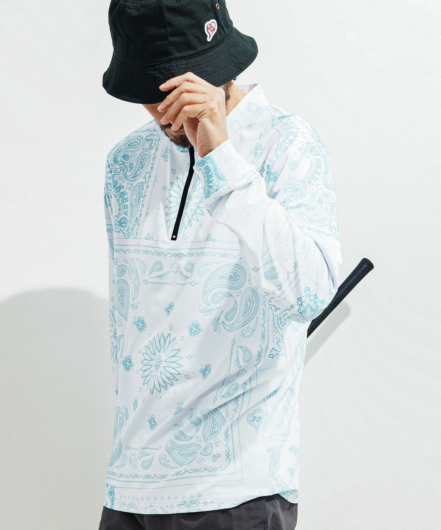 【Men's】ペイズリー柄ジップモックネックカットソー