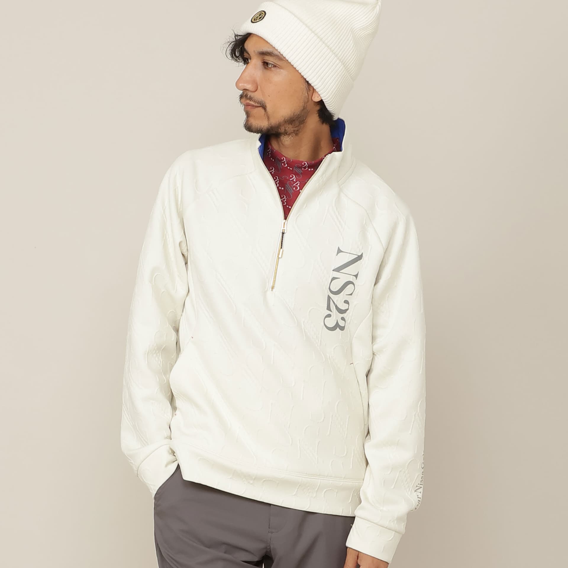 【Men's】ジャカード ハーフZIPモックネック