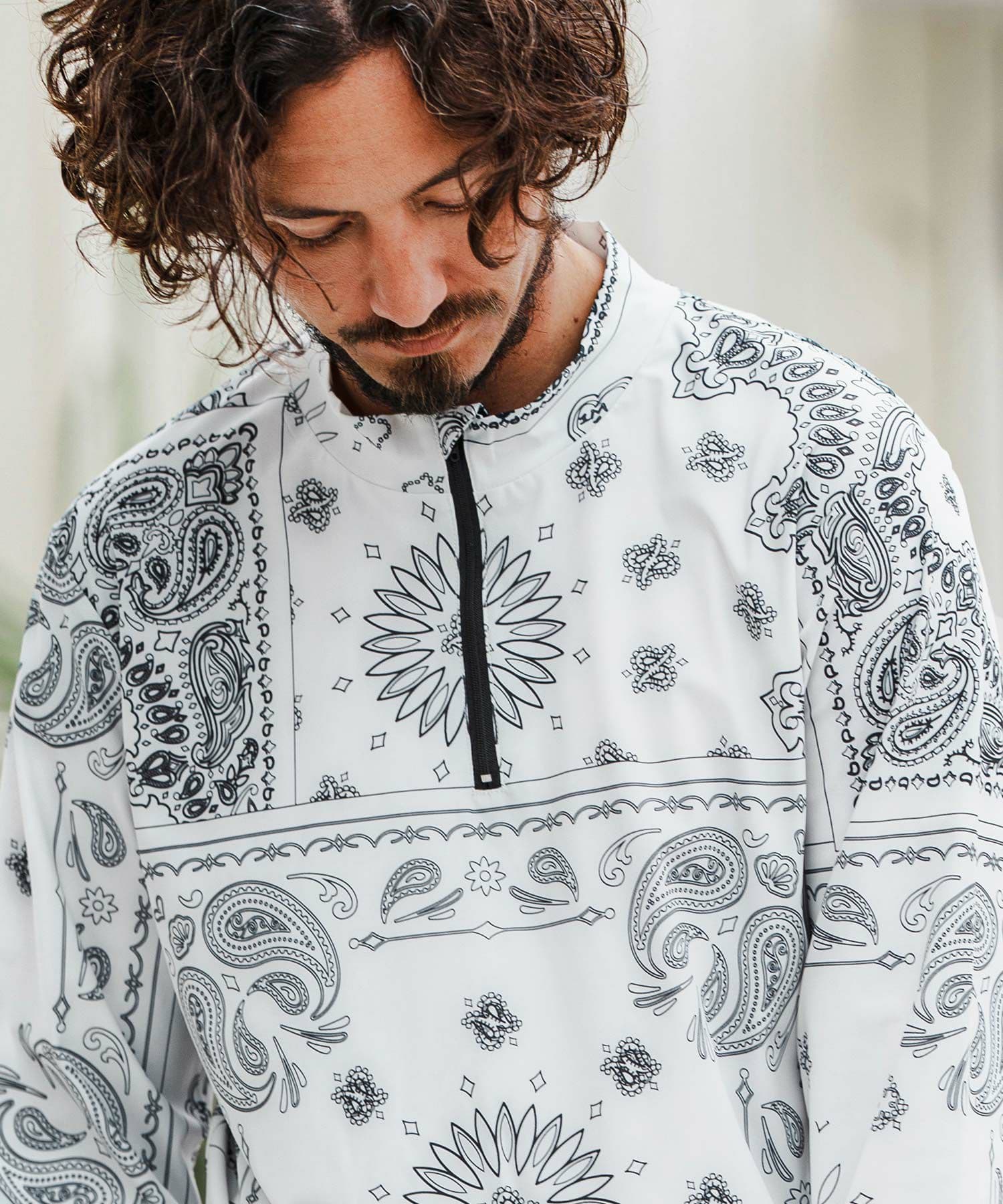 【Men's】ペイズリー柄ジップモックネックカットソー